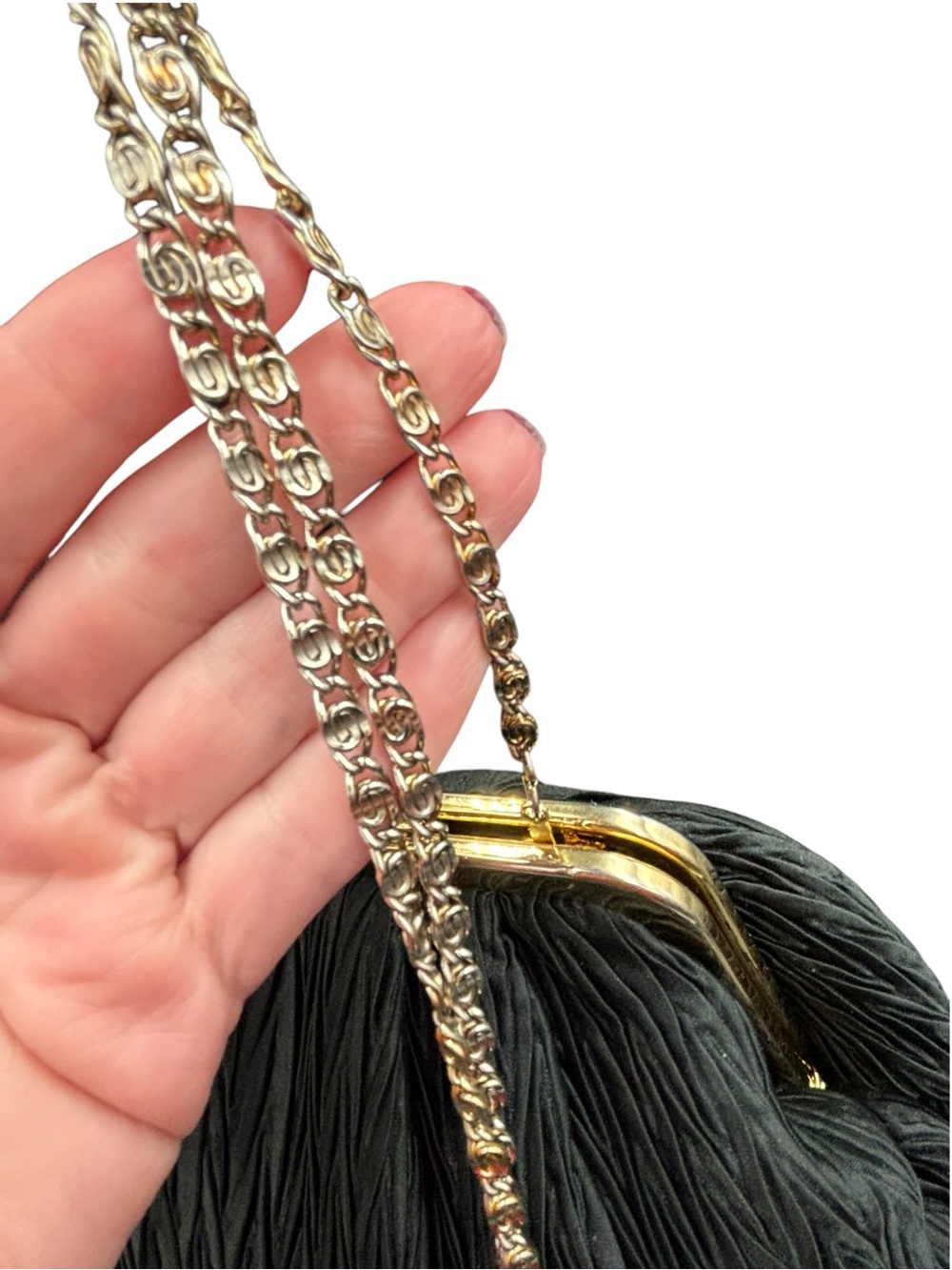 Vintage Nordstrom Black Pleated Evening Bag, Gold Tone Kiss Lock, Chain Strap - Picture 8 of 14
